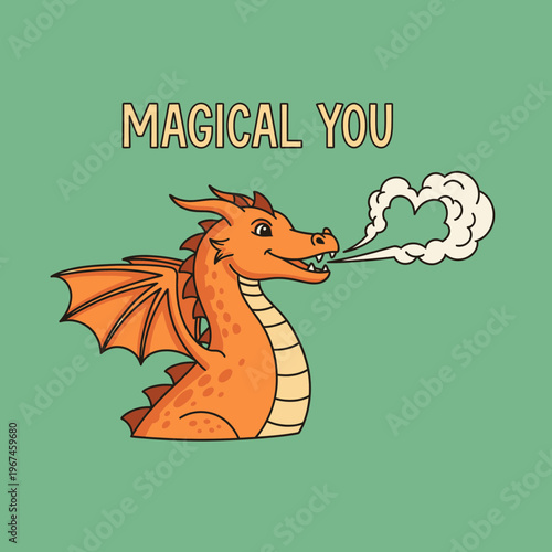 Orange dragon exhaling heartshaped smoke a symbol of love and magic.