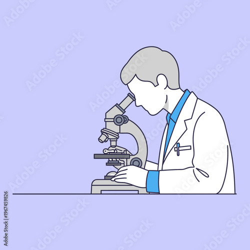 Scientist in a lab coat using a microscope for research and analysis.