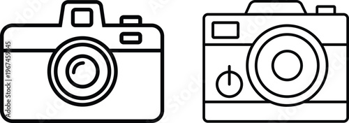Minimalist photo camera icons set, black and white line art photography equipment, professional digital camera vector illustrations for web design
