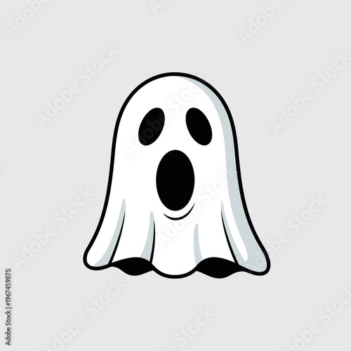 Simple cartoon ghost with open mouth and black eyes on a gray background.