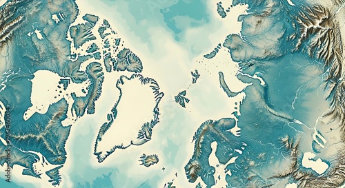 Arctic region from above with ice and water, global warming impact, climate change visualization