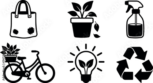 Black and white eco friendly icons with bicycle plant light bulb and recycling symbols