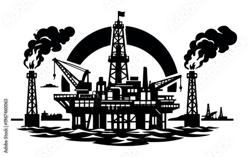Offshore oil platform silhouette drilling, representing energy industry, fossil fuels, and environmental pollution from extracting resources