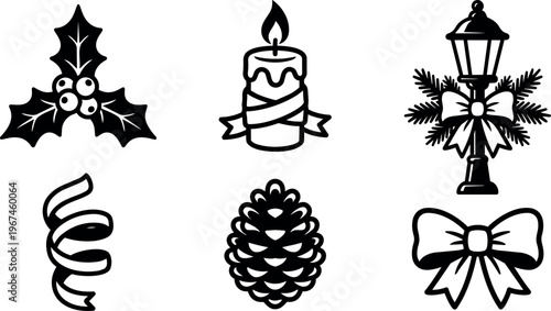 Black and white christmas holly candle lamp pine cone bow icons