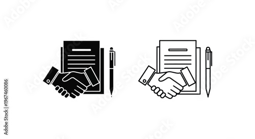 Business handshake icons, agreement and contract symbols, black and white line art, vector graphics