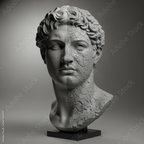 Conceptual Classical Male Bust with Split Texture of Smooth Marble and Cracked Clay