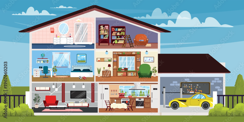 Fototapeta premium Vector illustration of a three-story house cutout. Cartoon landscape scene with suburban house, modern interiors: garage with car, living room, kitchen, children's room, study workspace, library.