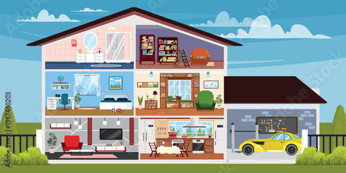 Vector illustration of a three-story house cutout. Cartoon landscape scene with suburban house, modern interiors: garage with car, living room, kitchen, children's room, study workspace, library.