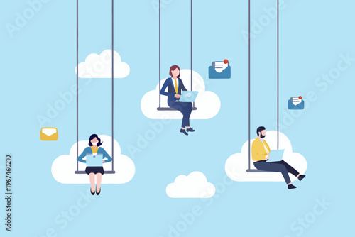 People working remotely on cloud shaped swings a modern office concept