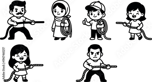 Children and adults pulling ropes in tug of war game