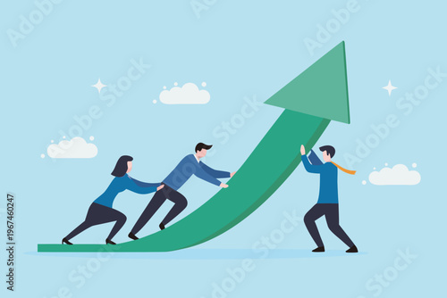 Teamwork propelling a large green arrow upwards symbolizing growth and success