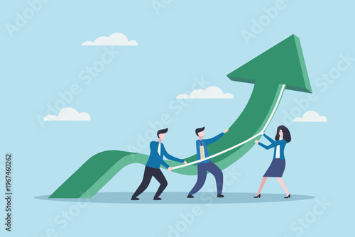 Teamwork propelling a large green arrow upwards symbolizing growth and success
