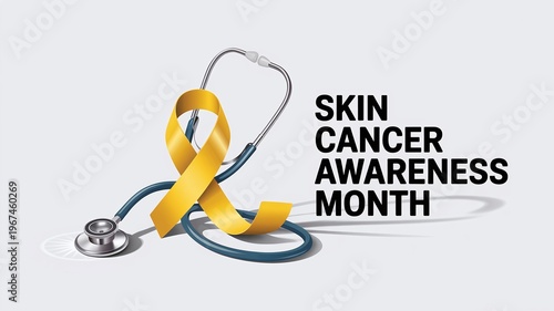 Skin Cancer Awareness Month Healthcare Poster with Yellow Ribbon and Stethoscope for Medical Professionals and Clinic Marketing Campaigns