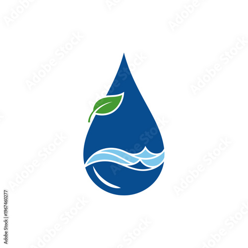 Water drop logo with leaf and waves representing nature and purity clean design.
