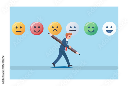 Man carrying a large pencil under a row of expressive face icons