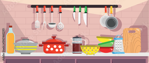 Vector illustration of a table with kitchen appliances. Cartoon scene of a kitchen table with utensils: pots, sieve, bottle, French press, grater, cutting board, spatulas, ladle, knives, frying pans.