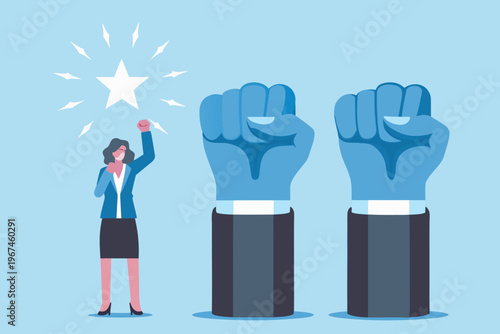 Woman celebrating success with large hands and a shining star above