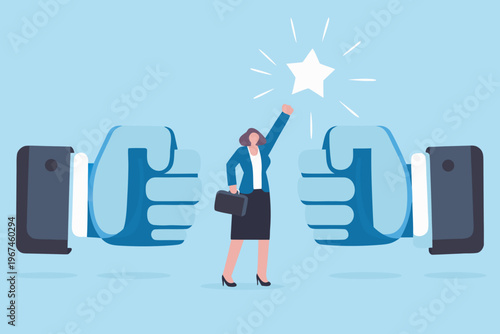 Businesswoman celebrates success with large hands giving thumbs up