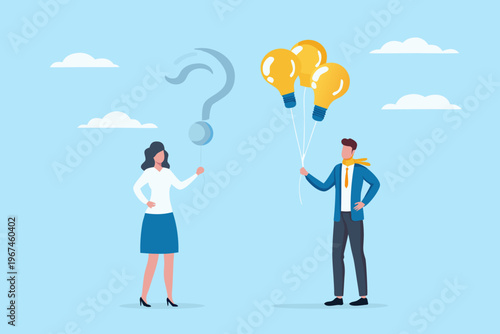A woman and man contemplate ideas represented by lightbulbs and a question mark