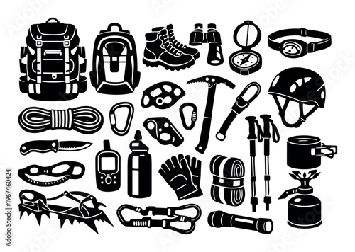 Outdoor adventure essentials displayed, showing a variety of equipment for climbing, trekking, and camping activities