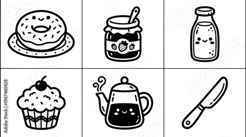 Cute cartoon style food icons donut jam milk cupcake teapot knife in black and white line art