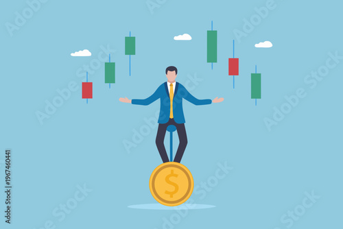 A businessman balances financial risk with candlestick charts on a gold coin