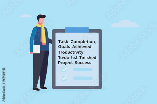 Man holding a clipboard displaying task completion and productivity goals