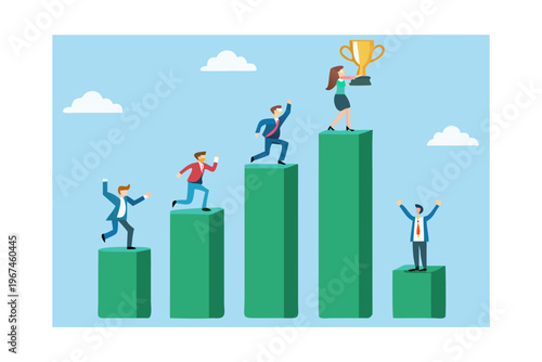 People climbing green steps towards success with a winner at the top