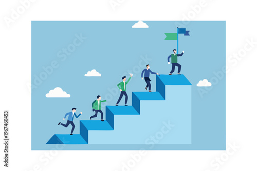 People climbing a staircase towards a flag symbolizing success and growth