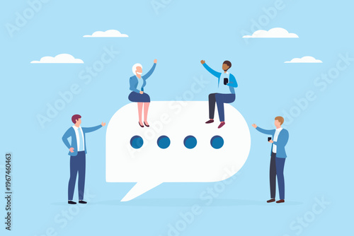 People communicating and interacting around a large speech bubble