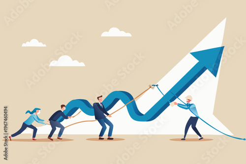 Teamwork propelling growth business people pulling an upward trending arrow