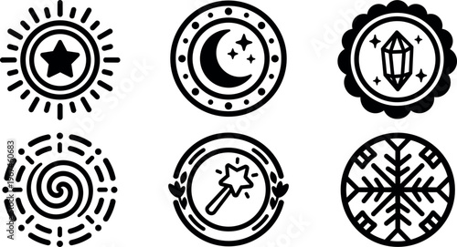 Black and white mystical symbols with star moon magic wand crystal and snowflake