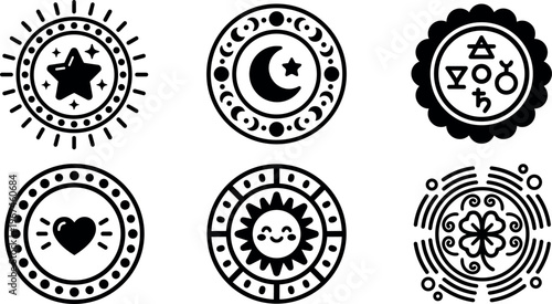 Black and white mystical celestial and heart vector icons with decorative circles