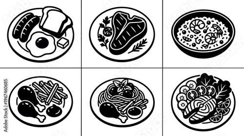 Assorted plated meals including steak eggs shrimp and chicken