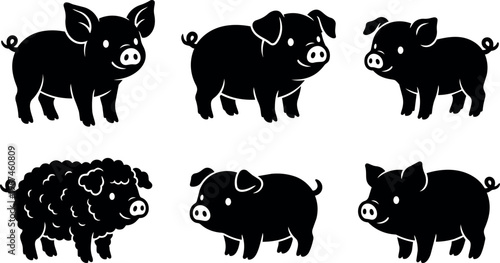 Black and white silhouette vector art of various pig breeds with curly and straight tails