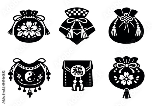 Japanese omamori and lucky charm icons for good fortune, prosperity, and protection. Traditional Asian symbols with sakura, yin yang, and kanji characters