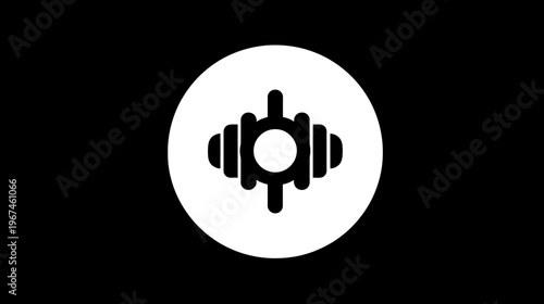 A white circle with a black graphic of abstract interconnected bars on a black background