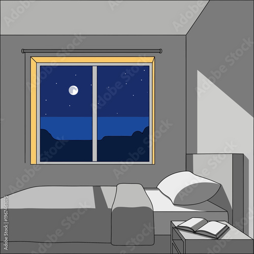 Nighttime bedroom with moonlit window view and bedside table