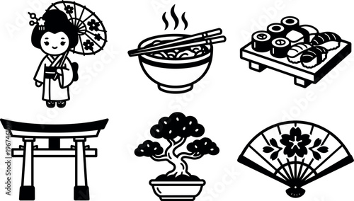 Geisha woman bowl of noodles sushi torii bonsai and fan icons