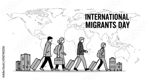 International Migrants Day awareness illustration with travelers.