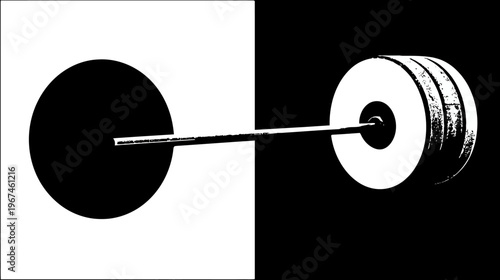 A barbell illustration split in black and white, one end a disk, other a weight stack