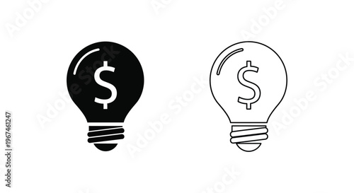 Dollar light bulb icons, financial ideas, money concept, black and white vector graphics