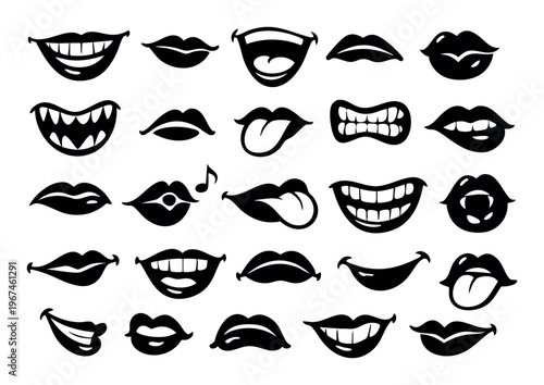 Collection of comic lips and mouth shapes showcasing a range of emotions and gestures, such as joy, rage, humor, and mischief