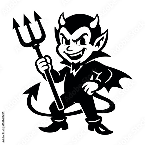Little devil cartoon mascot standing and smiling, holding a trident with a tail and horns, depicting a mischievous character