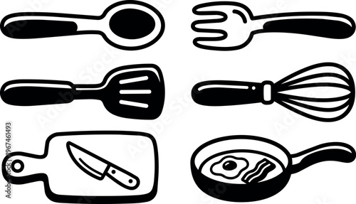 Black and white kitchen utensil icons spoon fork spatula whisk cutting board knife frying pan with egg and bacon
