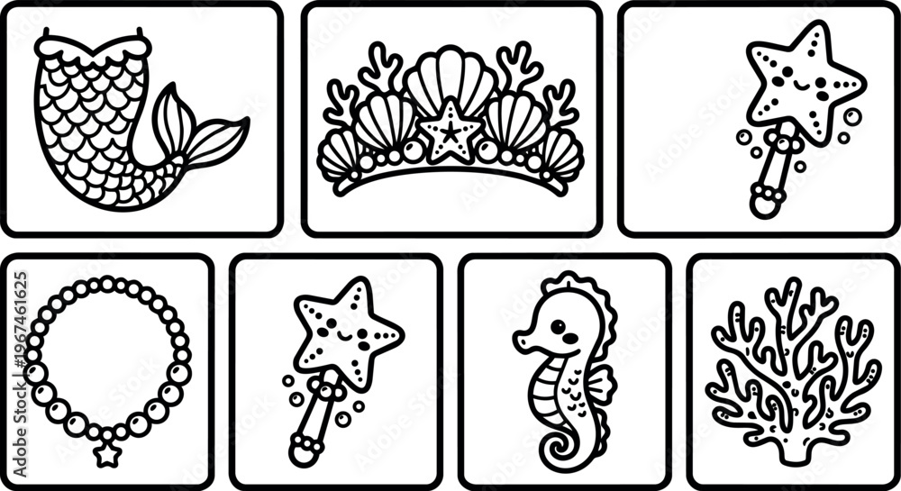 Obraz premium Black and white line art mermaid tail seashell crown starfish wand necklace seahorse and coral icons