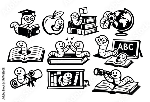 Cute bookworm mascots illustrating various educational concepts including reading, studying, discovery, graduation, and academic achievement
