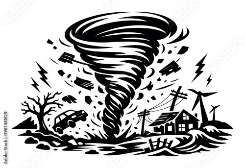 Tornado devastation striking a landscape, ripping through houses, cars, and trees with powerful winds during a severe storm