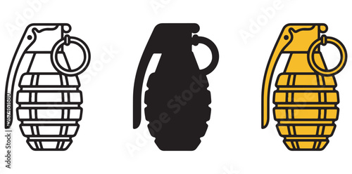 A graphic illustration of three different colored hand grenades on a white background silhouette