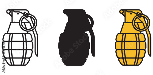 A graphic illustration of a grenade in different colors and styles, including a silhouette